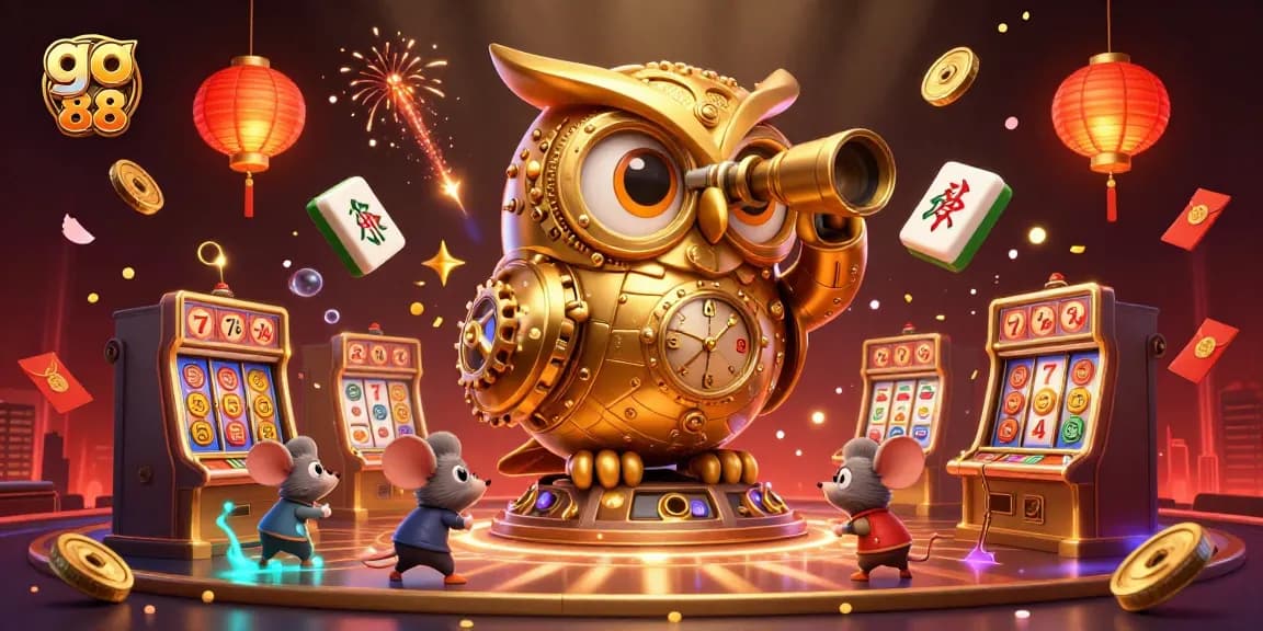 Engage with go 88 through a lively casino scene featuring a golden owl, slot machines, and joyful patrons.