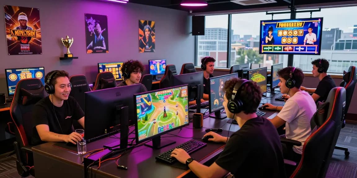 Players enjoying vibrant online games at rokok 88, showcasing diverse gaming experiences in a modern lounge.