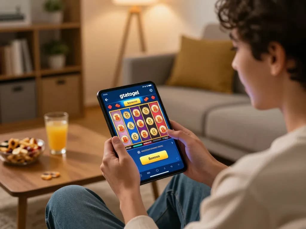 Player interacting with gtatogel mobile app, celebrating a slot win with vibrant graphics.