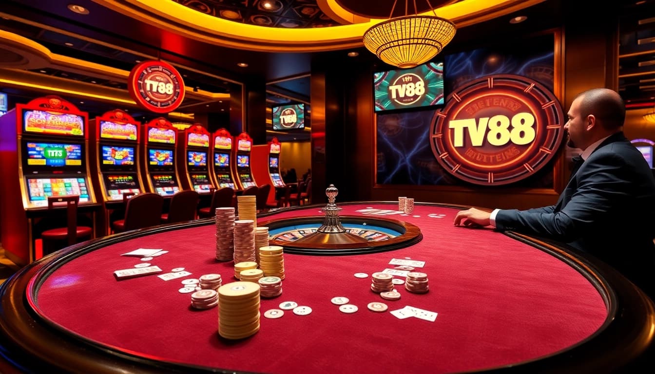 Players enjoying exciting games at TV88 online casino with vibrant slot machines and poker tables.