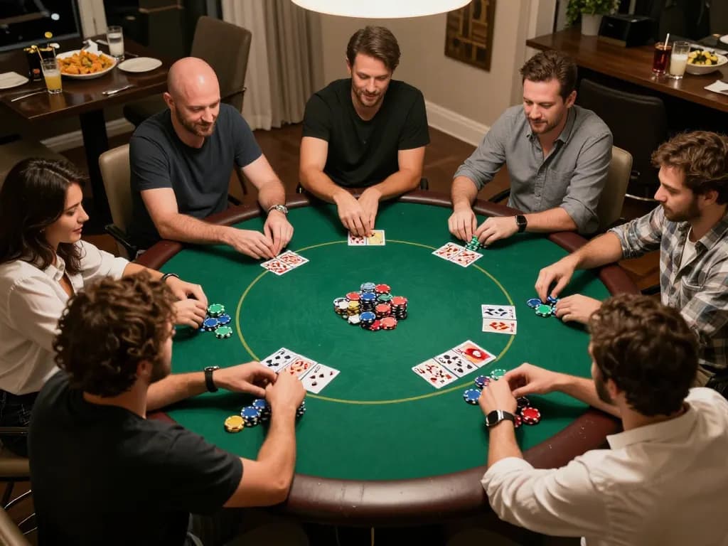 F168VIP players enjoying an engaging home poker night with colorful chips and cards visible