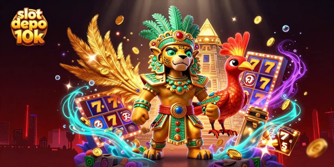 Spin to win at slot depo 10k with a vibrant 3D illustration of Mayan elements and slot machines.