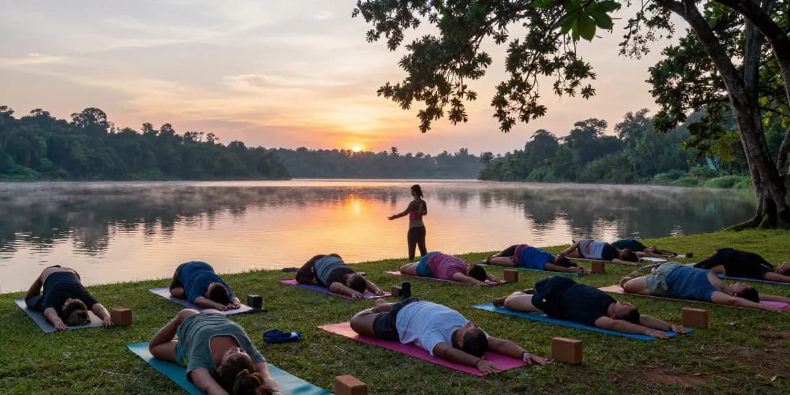Yoga teacher training in Sri Lanka with students practicing yoga by the lake during sunrise, highlighting community and tranquility.