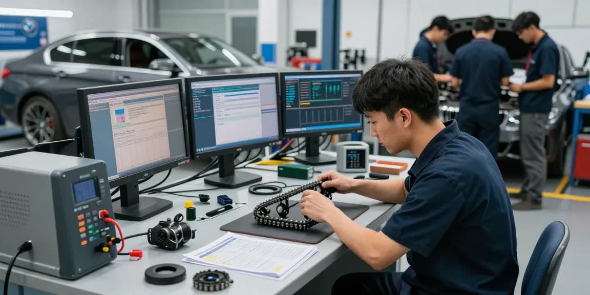 Professionelle BMW Werkstatt Hannover mit Techniker, der am Steuerkettenwechsel arbeitet und modernste Geräte verwendet.