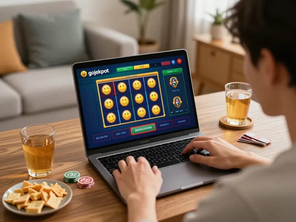 Engaging with gojekpot slot game interface on a laptop in a cozy home setting, promoting responsible gaming.