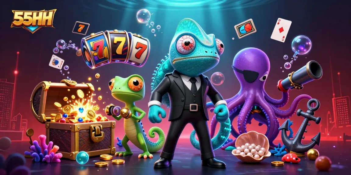Experience excitement with 55HH as the secret agent chameleon encounters vibrant casino games and treasures in a dynamic 3D scene.
