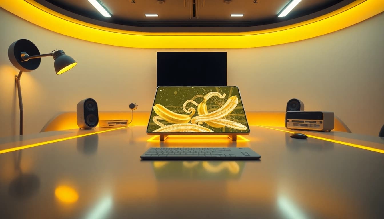 Futuristic AI workspace highlighting the features of nano banana 2 image generation technology.