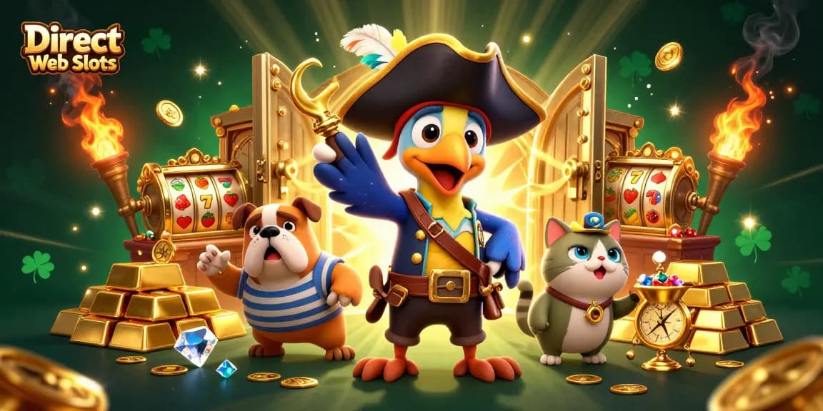 Spin to win with Direct Web Slots as pirate characters embark on a treasure-filled adventure.