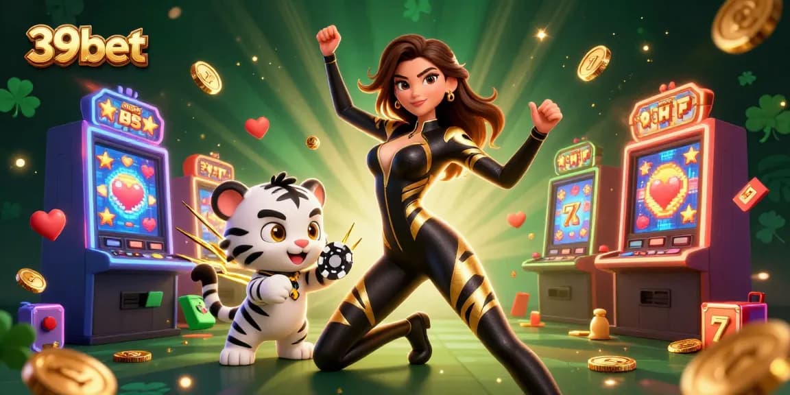 Experience thrilling gameplay with 39bet's vibrant casino scene featuring slots and a playful tiger.
