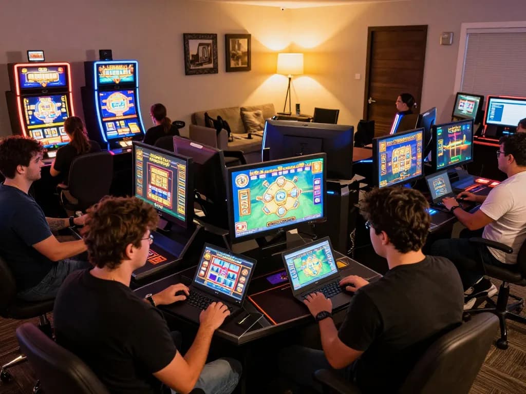 Engaging online casino scene with players exploring xo88's dynamic slot machines in a vibrant home setting