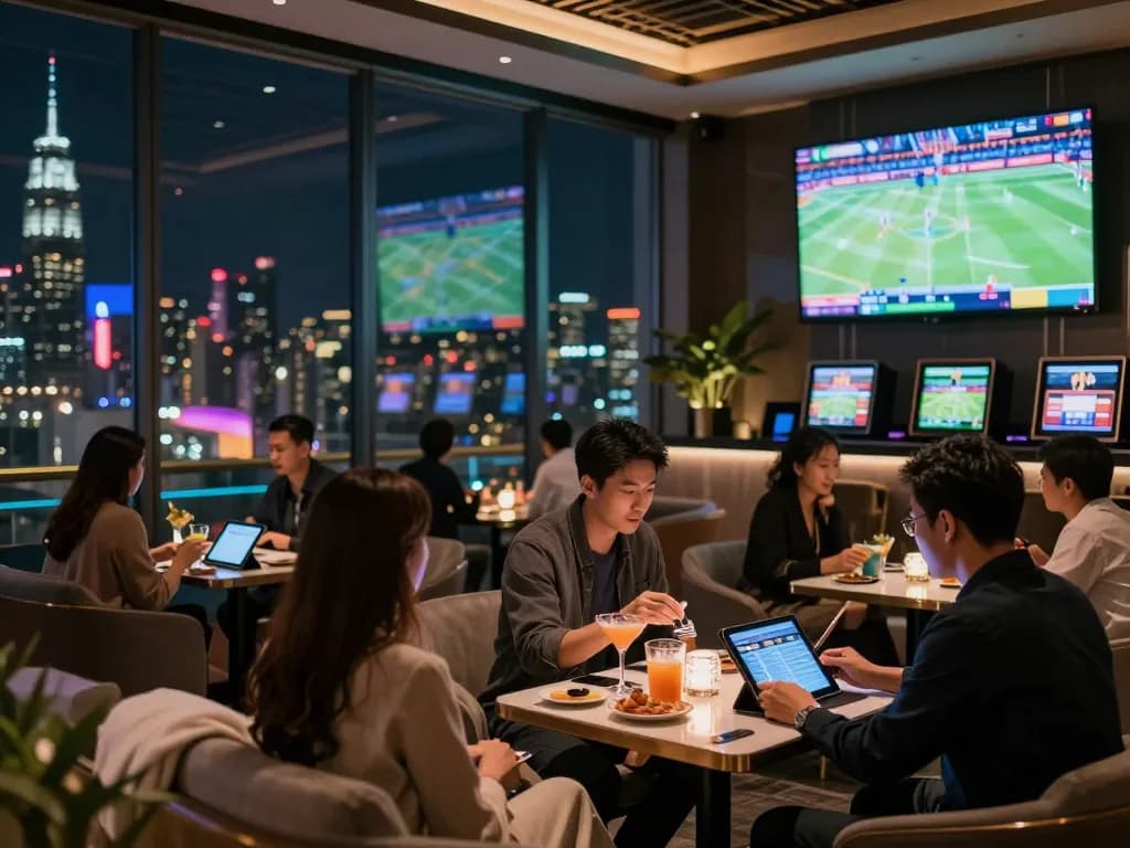 Engaged bettors at FC88 sports lounge analyzing odds and enjoying live events