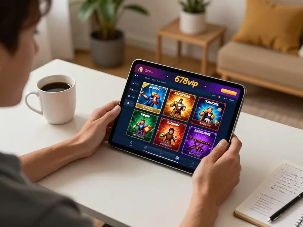 Player engaging with 678vip online casino interface on tablet in a cozy home setting, showcasing responsible gaming.