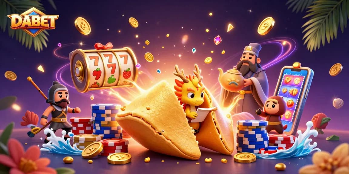 DABET casino scene showcasing a whimsical golden cookie, dragon, and vibrant slot reels