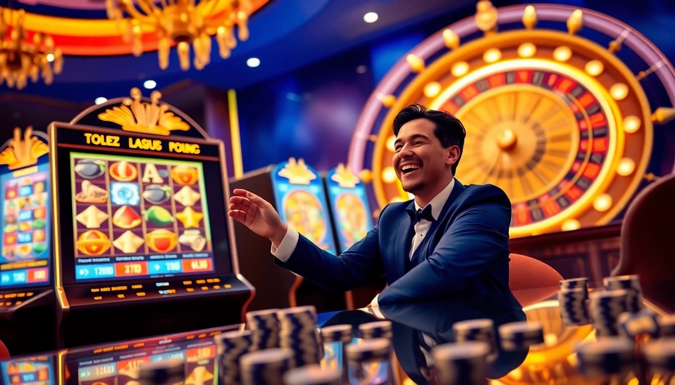 Pemain Togelsumo menikmati permainan slot online dengan grafis kasino yang berwarna-warni dan opsi kemenangan.