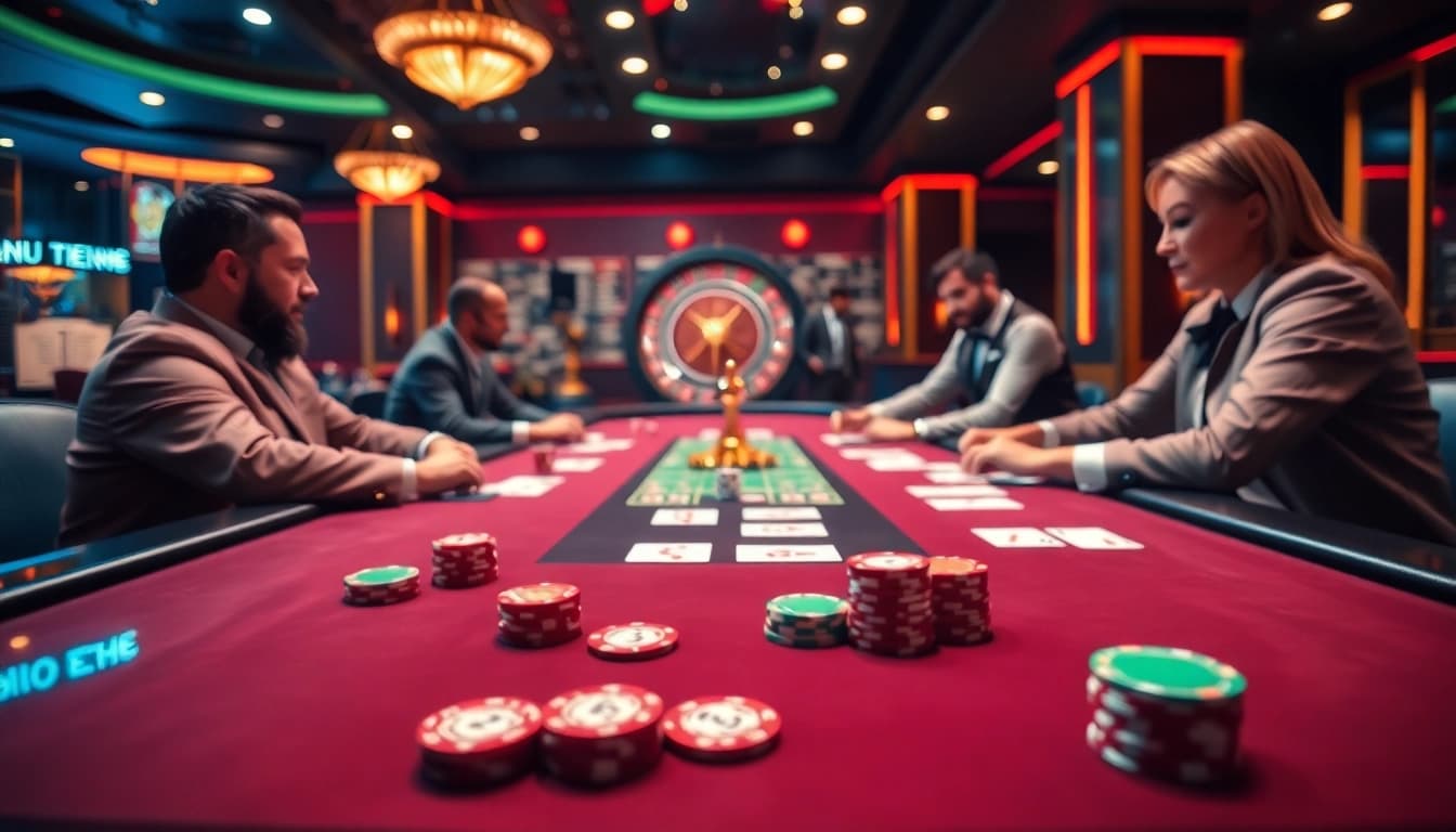 Engaging players at the qh88 poker table amidst an exciting casino atmosphere.