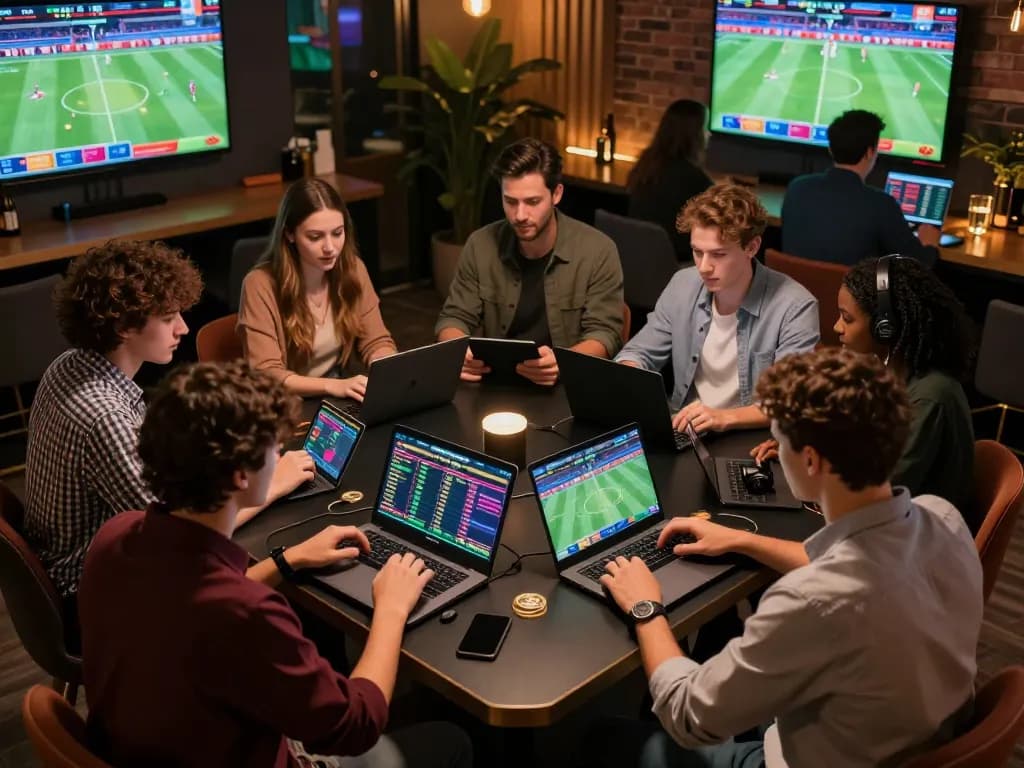 Friends engaging in live sports betting using Xo88 app on laptops and tablets at a modern table.