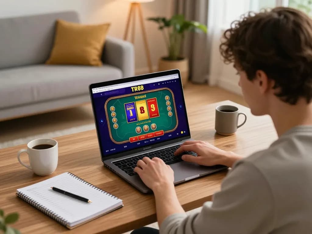 Person engaged in online gaming at TR88, focused on betting strategies at home.
