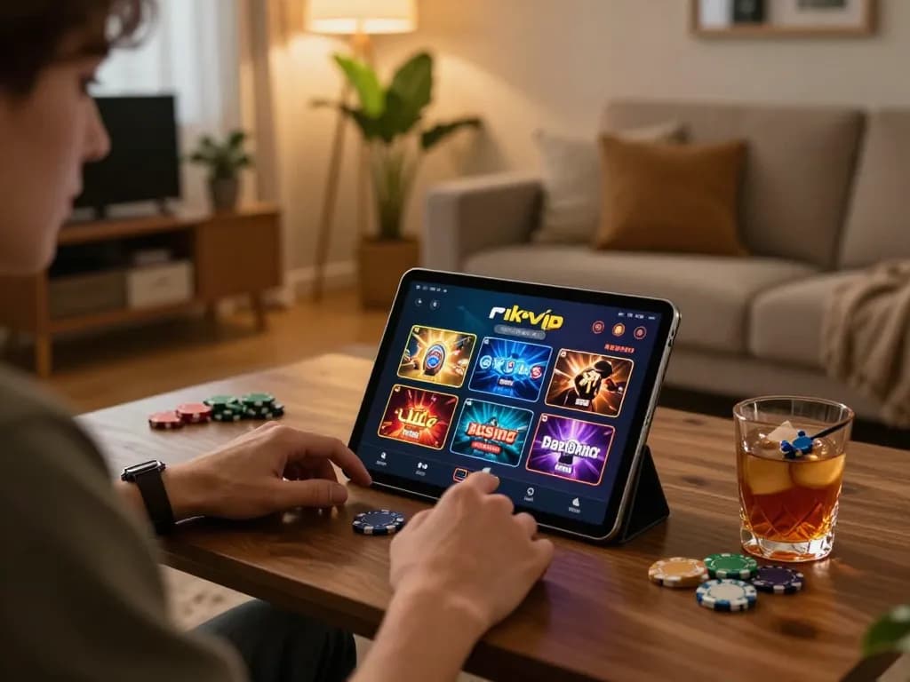 Player enjoying the rikvip app on a tablet in a cozy living environment, highlighting online gaming excitement
