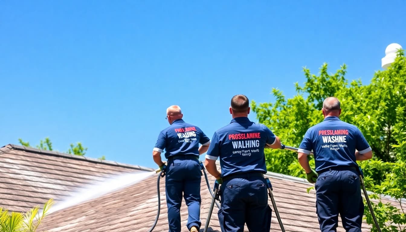 Roof cleaning in Kissimmee, showcasing a professional team restoring a home's exterior with advanced equipment.