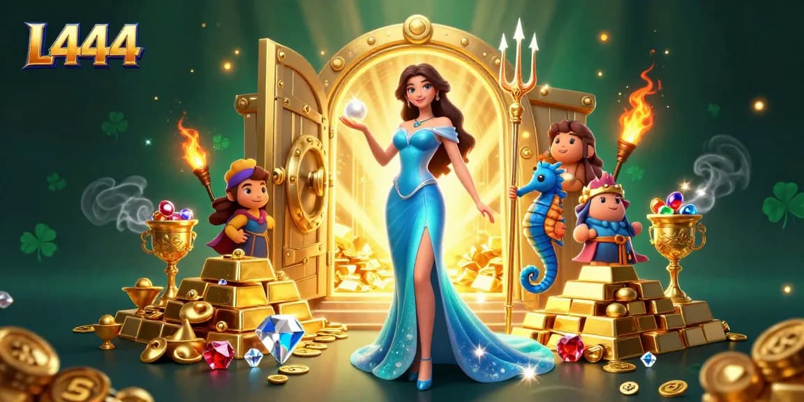 L444 casino artwork featuring a woman in a blue gown, seahorse king, and underwater treasure.