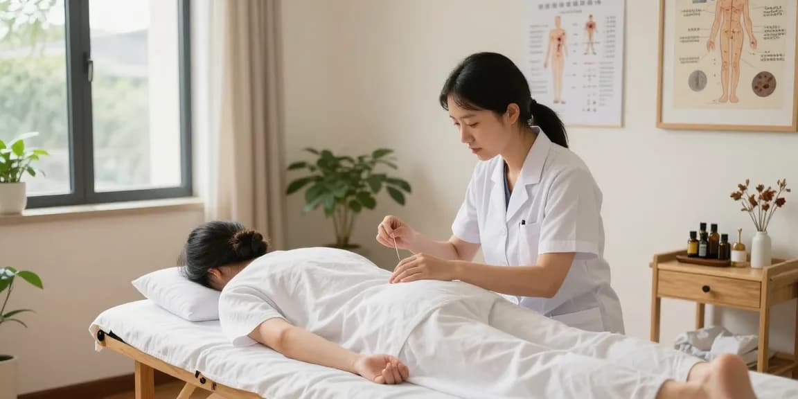 Patient receiving acupuncture at 영통한의원 in a calming treatment room.