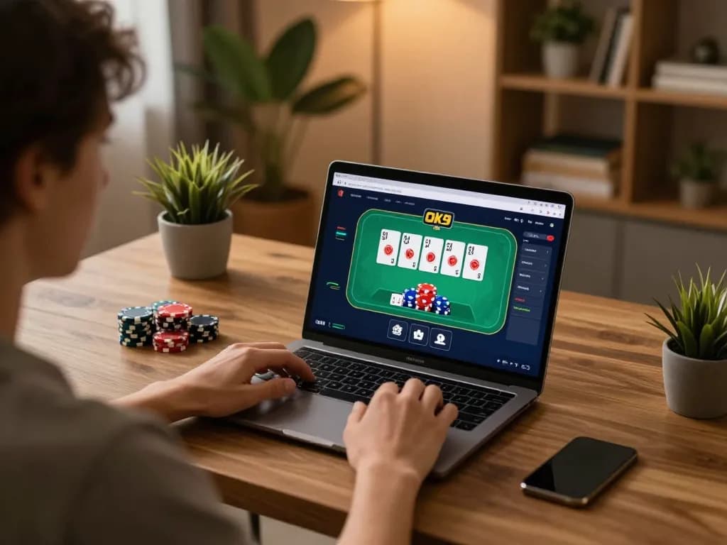 Engaging with Ok9 betting app on a laptop in a stylish home office for online poker play