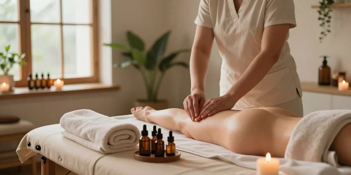 Relaxing 스웨디시 massage setup with warm oils and gentle lighting.