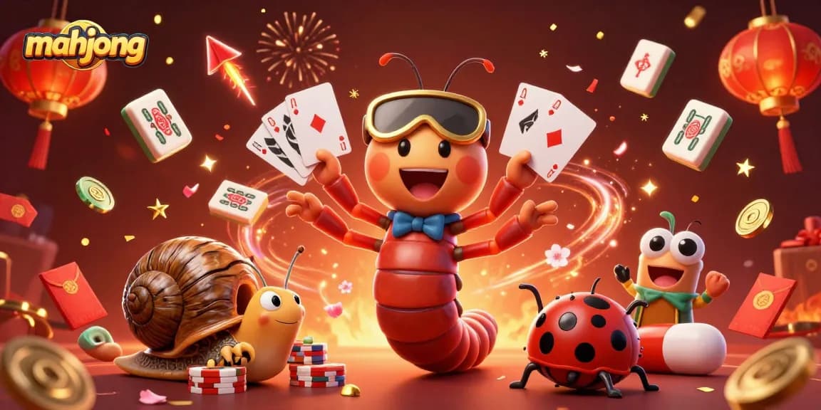 Play mahjong with excitement as a cartoon millipede dealer leads the game amidst colorful décor.