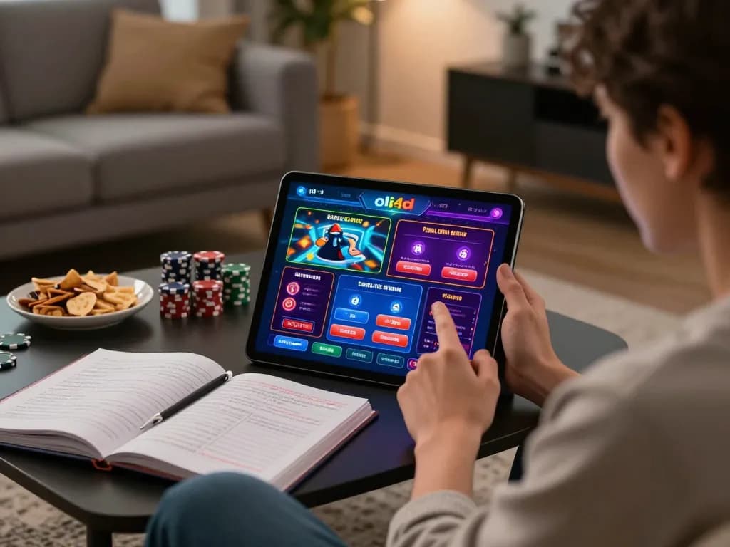 Engaged user placing bets on oli4d casino app from a cozy home setup with gaming elements.