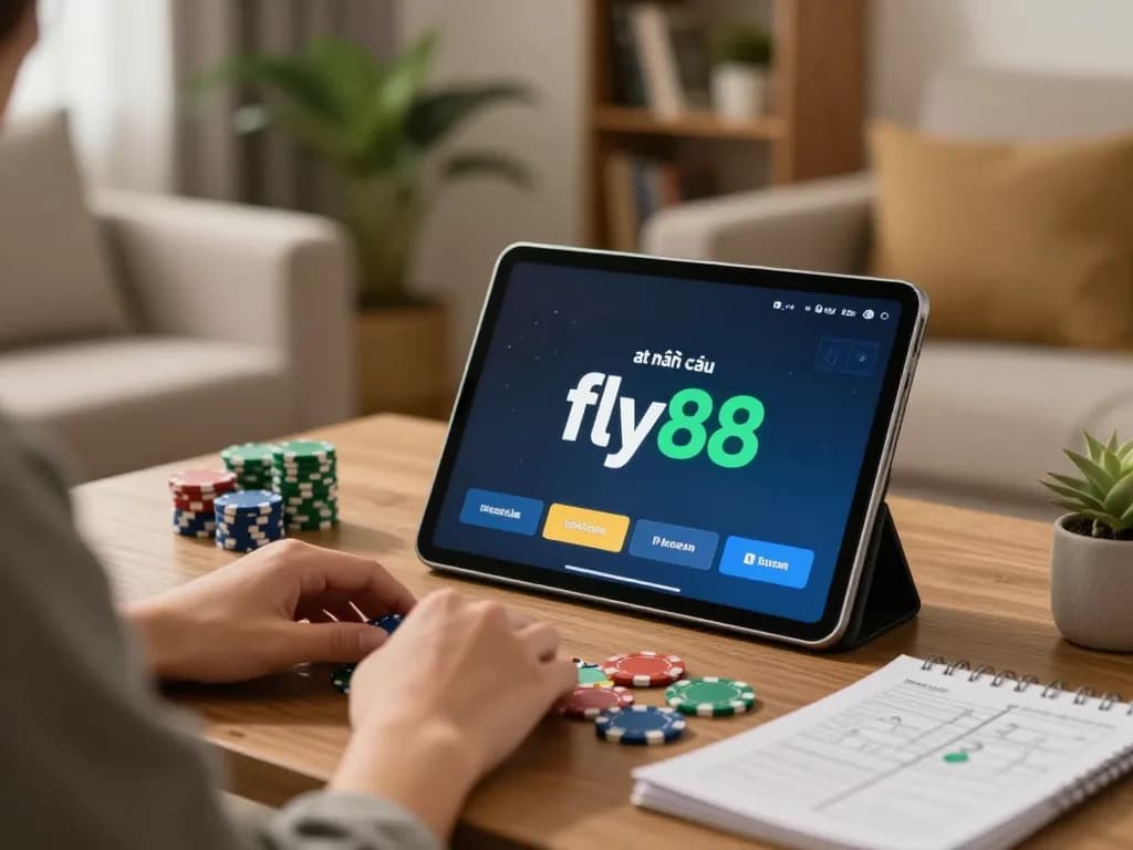 Engaged player at nhà cái fly88 enjoying online casino game in a cozy living room.
