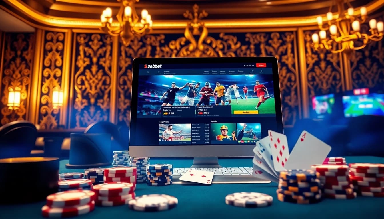 Experience the thrill of sbobet link alternatif in a luxurious online casino setting with vibrant sports betting visuals.