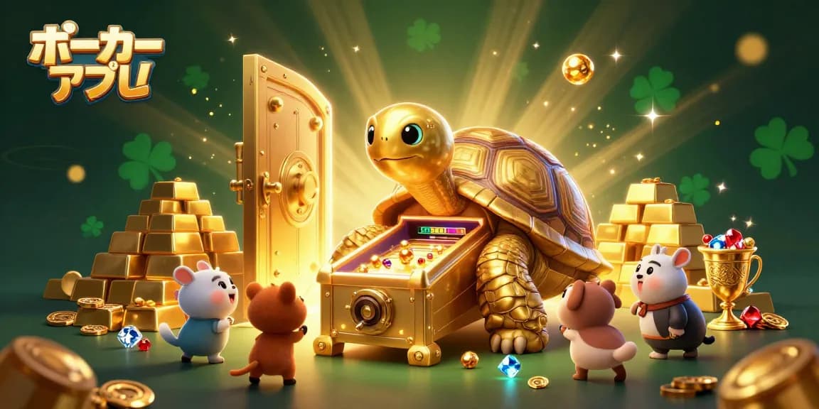 ポーカーアプリで遊びながら、魅力的な金色のカメがピンボールを持つシーンを体験しよう。