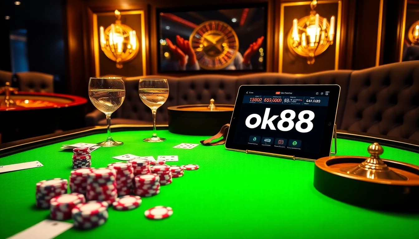 Experience thrilling games at ok88's luxurious casino table with vibrant poker chips and cards.