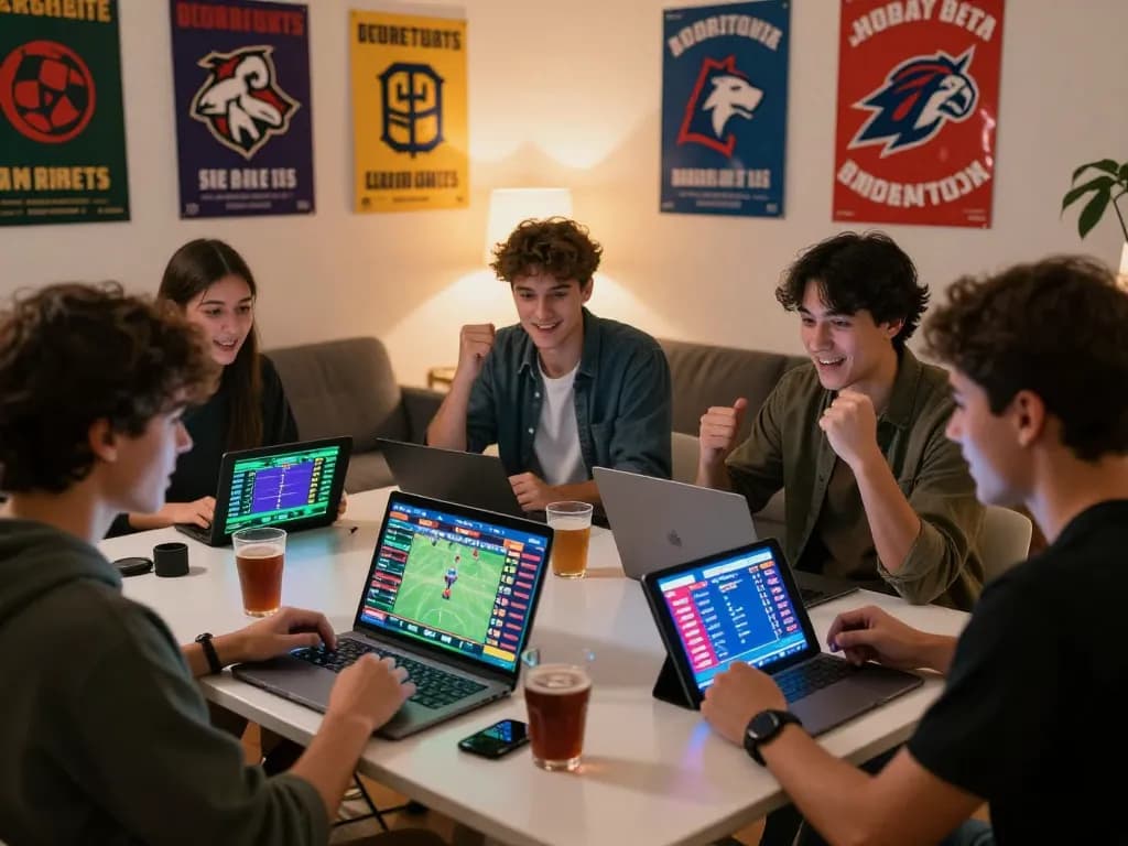 Engaging group enjoying Myfairplay online betting experience in a cozy living room.