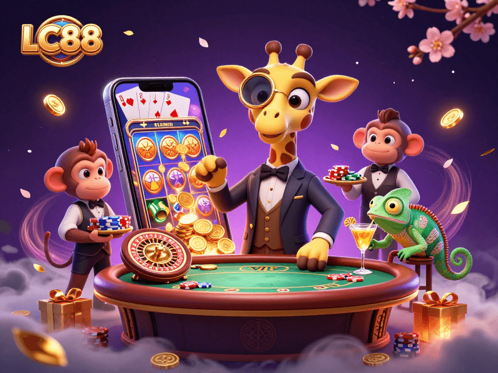 Experience thrilling gaming action at LC88 with vibrant characters and dynamic casino elements.