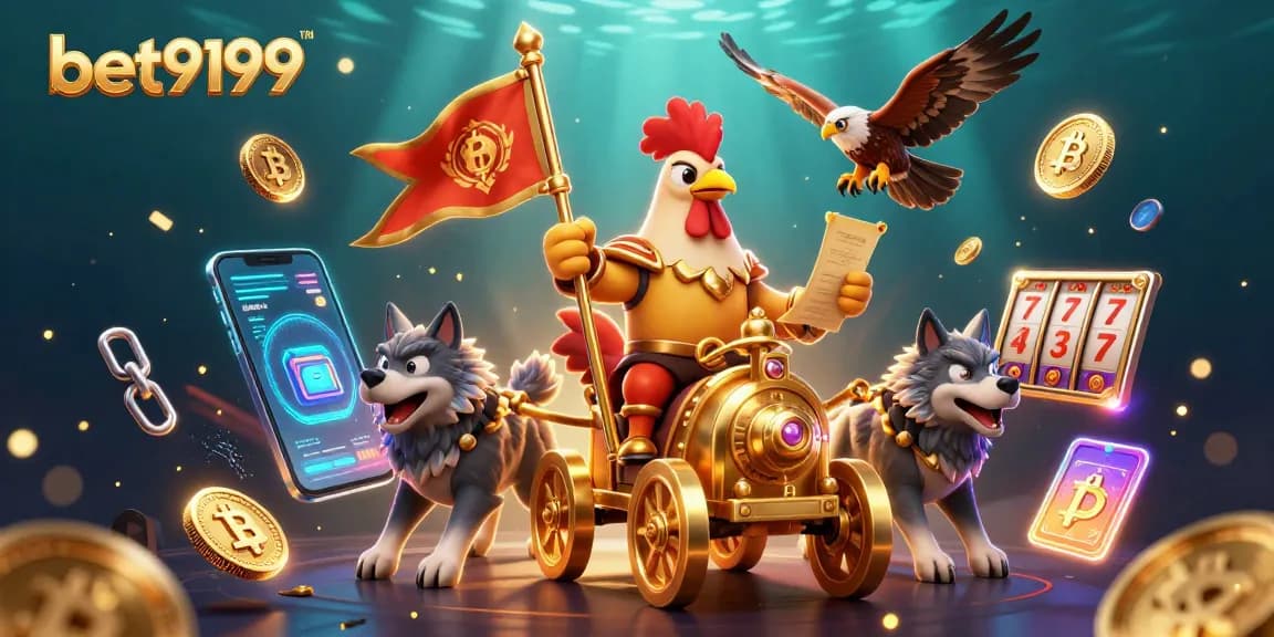 bet9199 showcases a cartoon rooster warlord and wolves in a dynamic casino scene with vibrant game elements.