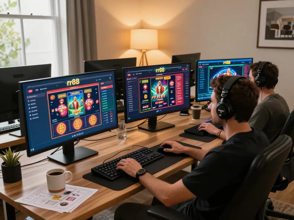 Player engaging in thrilling online gaming at rr88, showcasing multiple screens and interactive casino content
