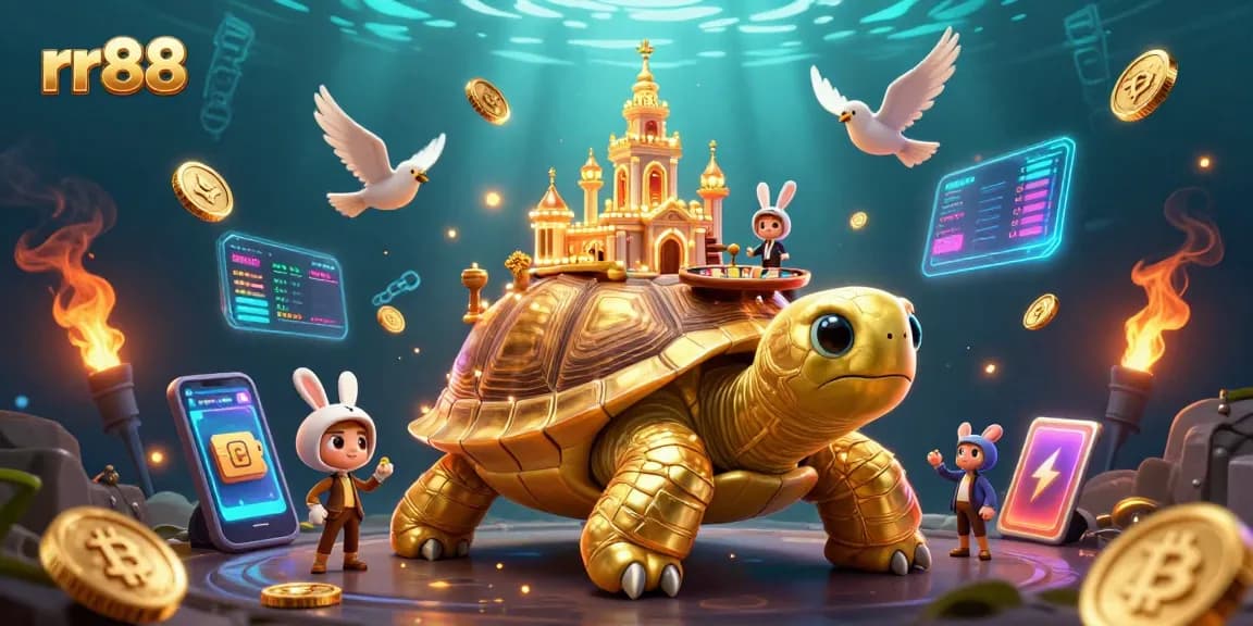 Experience thrilling games at rr88, with a vibrant 3D casino featuring golden characters and crypto elements