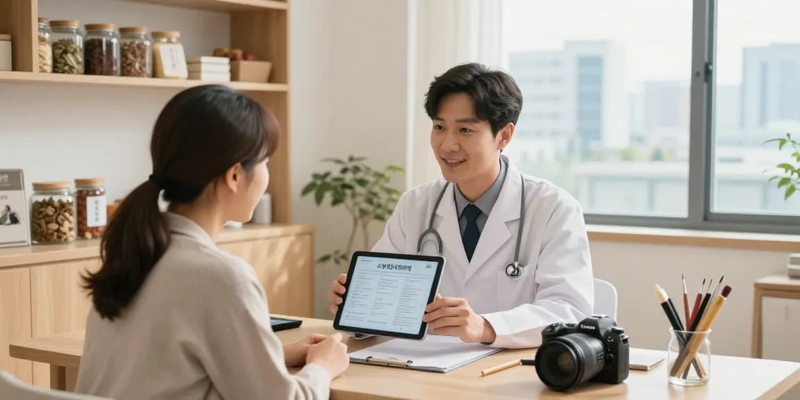 Engaging consultation at 수원교통사고한의원, showcasing Korean medicine with patient and doctor in a modern clinic.