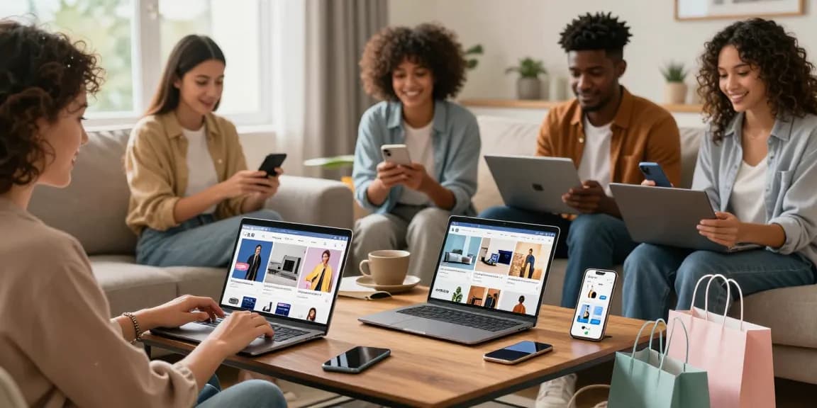 Engaging online shopping scene showcasing diverse consumers interacting with digital products, highlighting the joy of ecommerce.