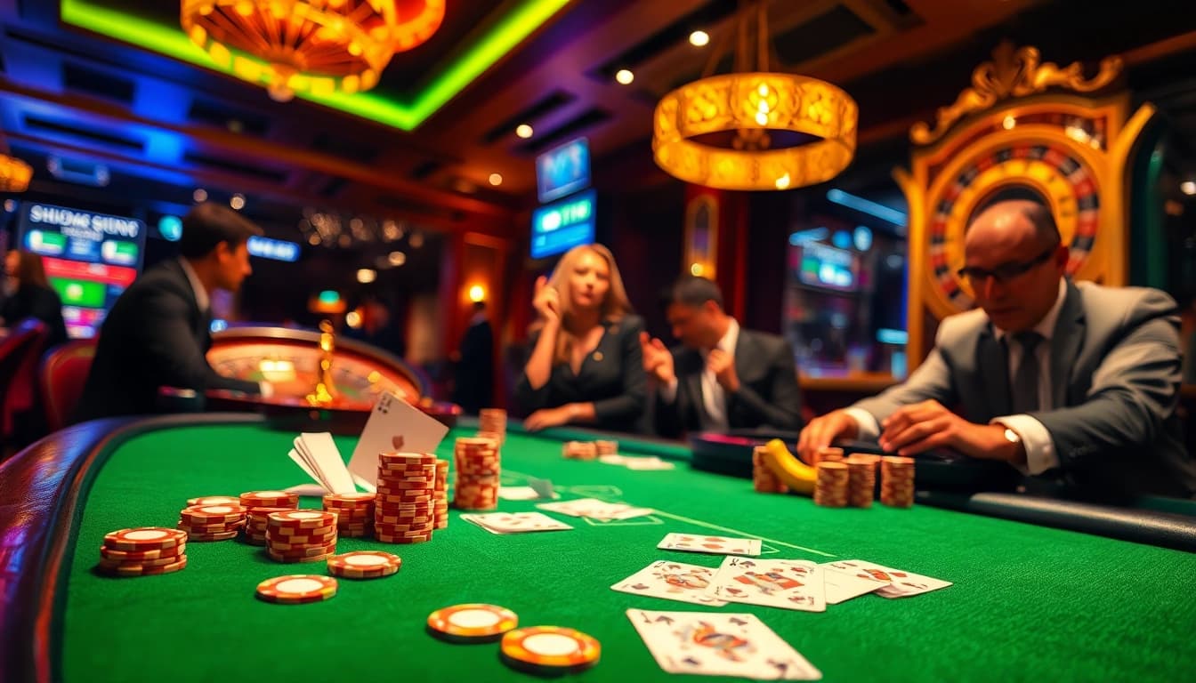 SBOBet delivers an exhilarating scene of poker excitement with vibrant chips and cards on a luxury table.