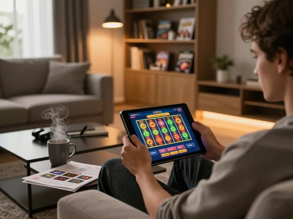 Player engaging with tg88 online casino app on a tablet in a cozy home gaming setup.