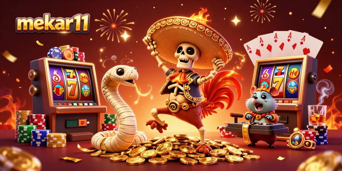 Engage in thrilling gameplay with MEKAR11's vibrant casino scene featuring slots and festive characters.