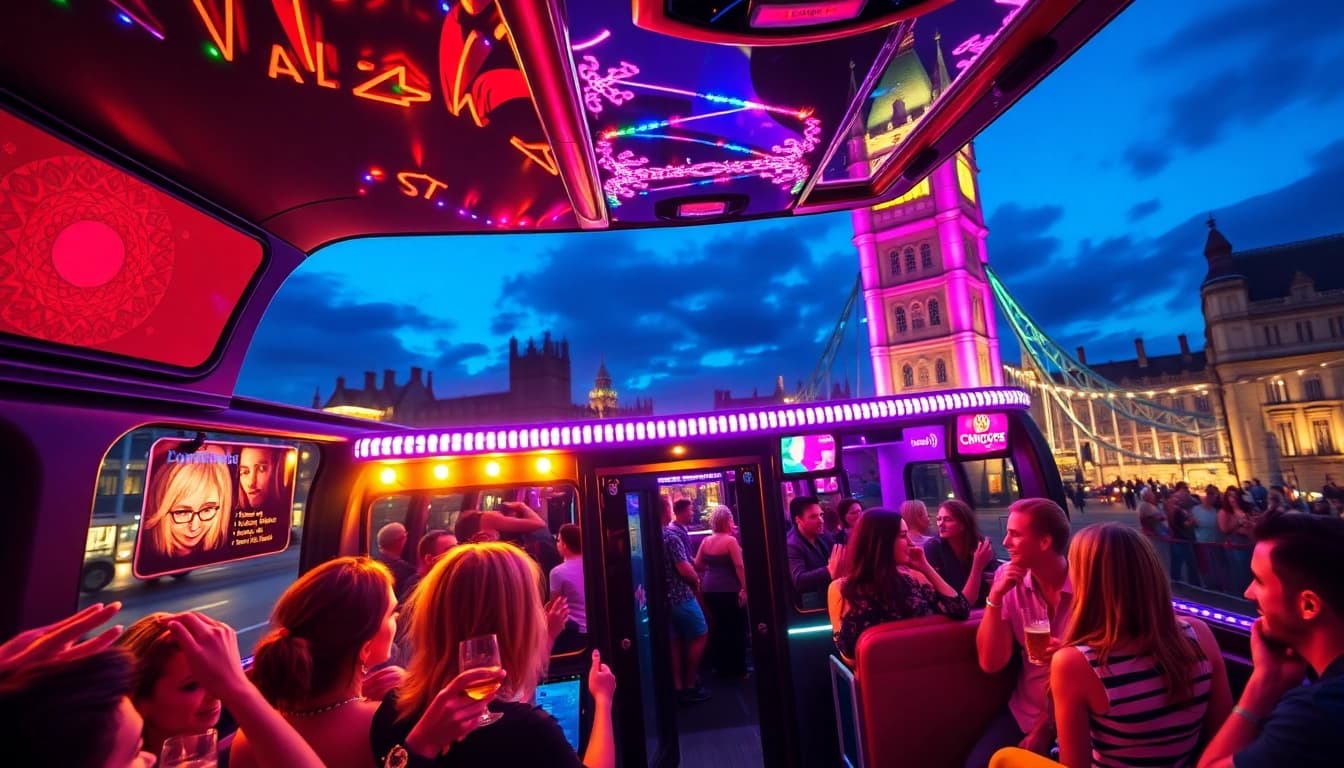 Exciting London party bus services with festive lighting against iconic landmarks.