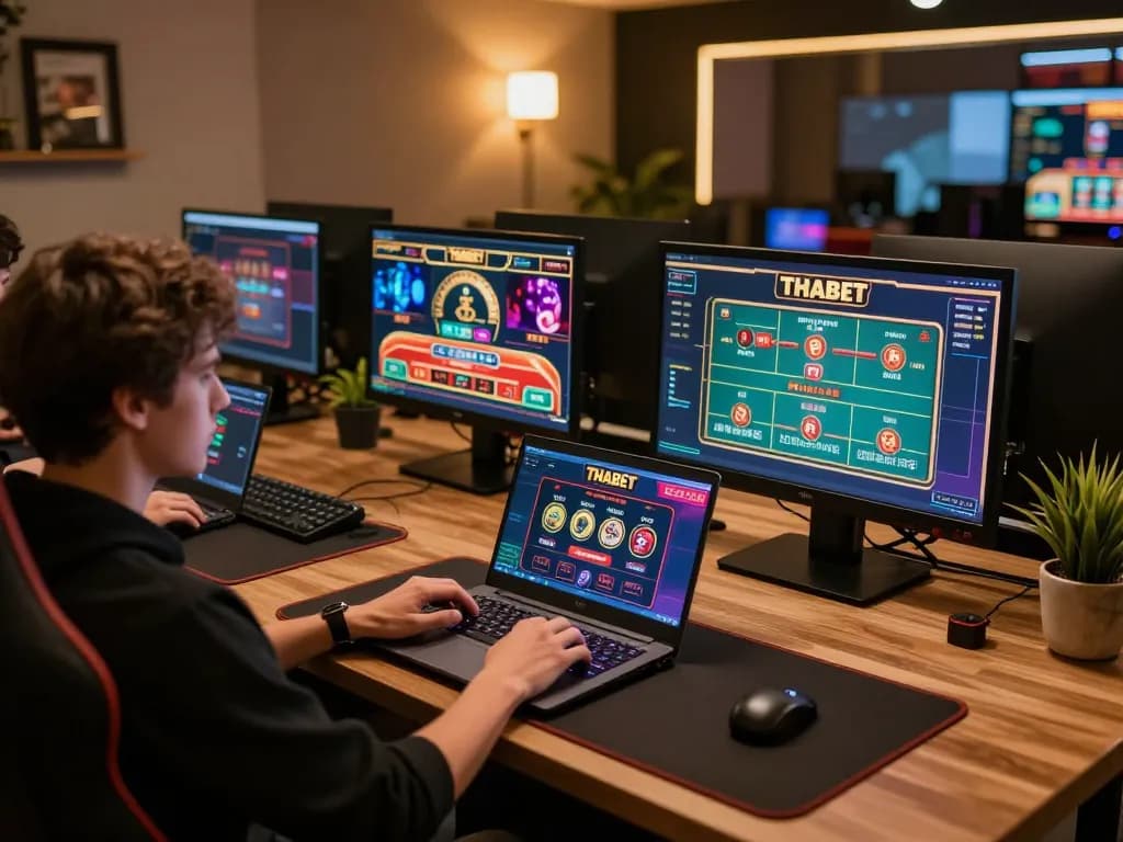 Playing at THABET Casino on laptop with multiple game screens in a cozy home setup.