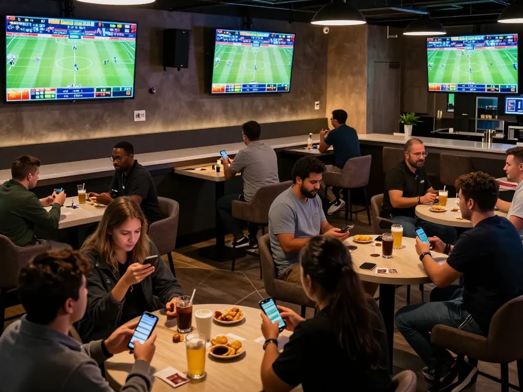 Sports betting enthusiasts analyzing odds at RR88's vibrant lounge.