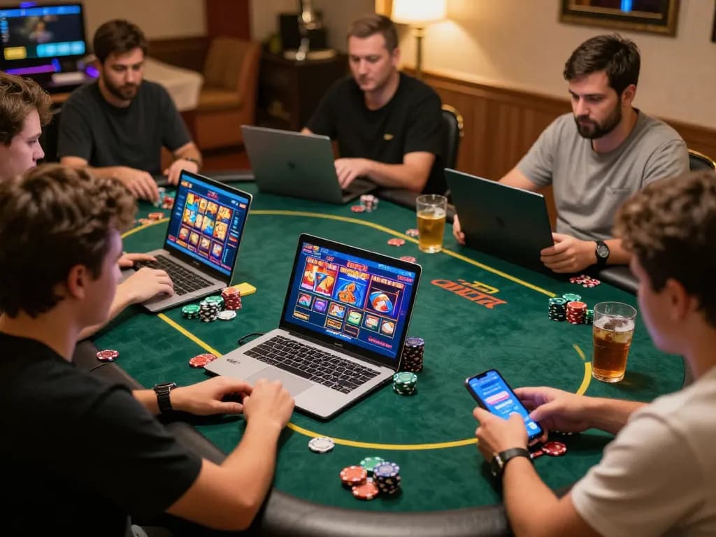 Engaged players using okwin for online casino games on multiple devices in a cozy home setting
