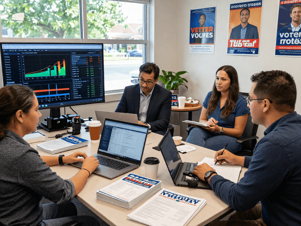 Campaign manager analyzing recurring donations for political campaigns data in a dynamic office setting.