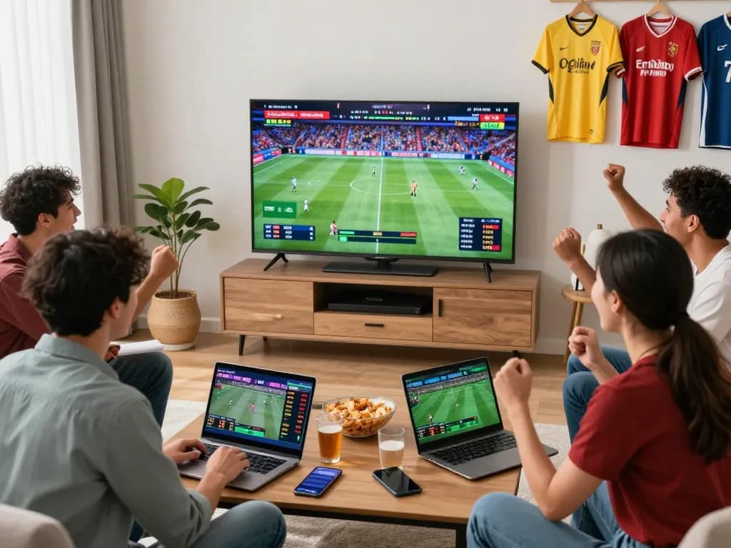 Friends enjoying kèo nhà cái betting while watching sports in a lively living room.