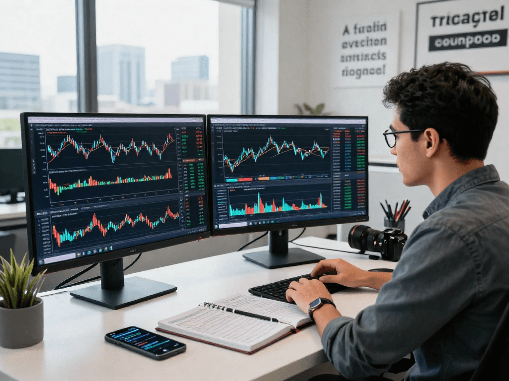 使用TradingView进行实时行情分析的交易员，现代办公室环境中实时观察股票、外汇和加密货币数据。